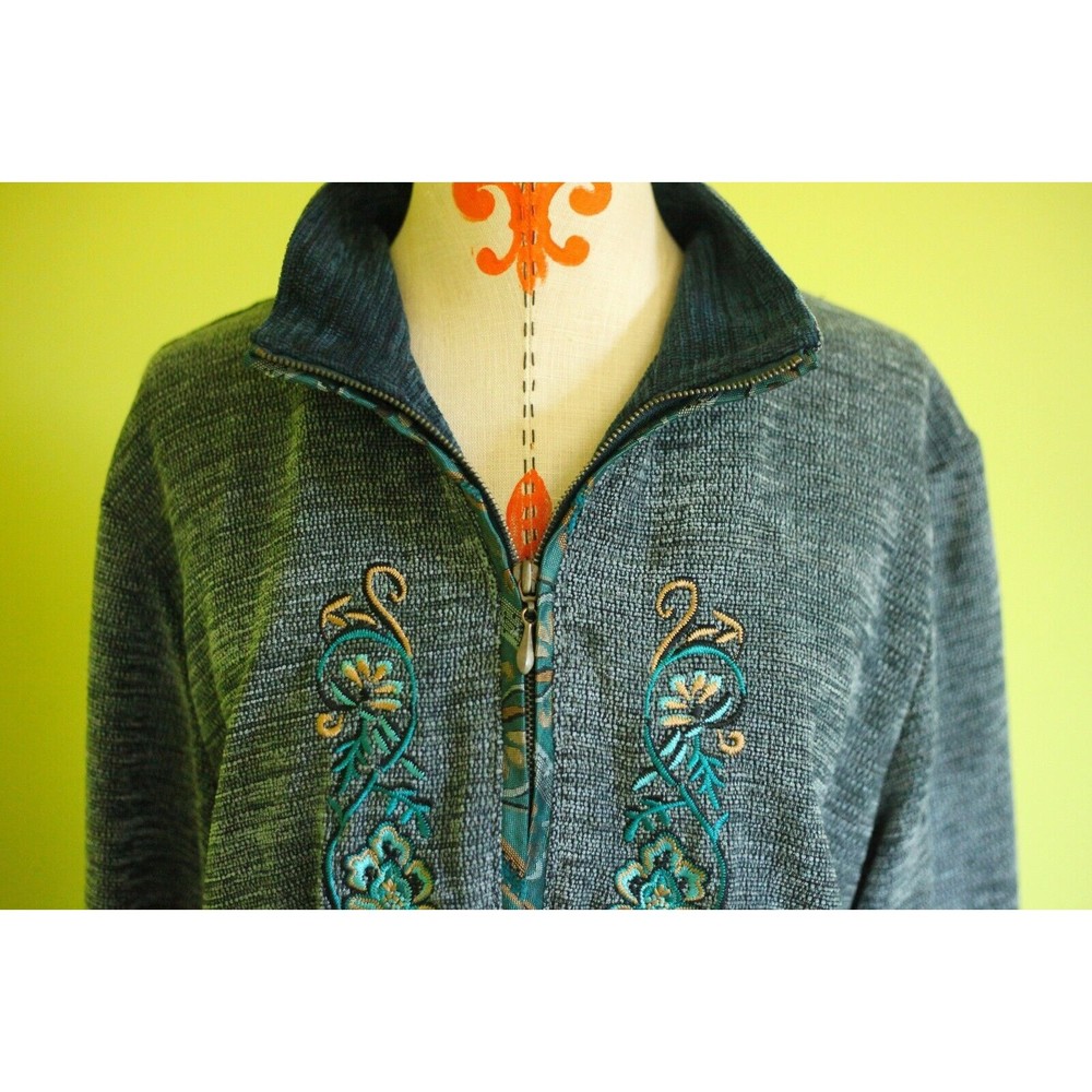 T & COMPANY Sz XL Womens Acrylic Embroidered Lounge Jacket Blazer Full Zip Blue - Picture 2 of 7